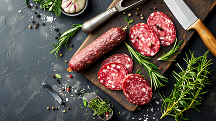 sliced salami sausage on a wooden board sprinkled with rosemary and spices on a black table, a knife and fork lie next to it