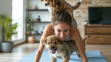 Young Woman Exercising At Home. Two Puppies Bother Her And Make Her Laugh. Puppy Yoga Concept. Lifestyle Portrait.