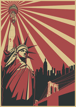 Statue Of Liberty, Brooklyn Bridge, New York Panorama Silhouette, Retro Propaganda Posters Style Illustration 