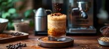 Coffee Drink Cappuccino With Cinnamon On A Wooden Tabletop
