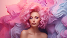 Young Girl With Pink Hair Sitting In A Pink Room With Clouds