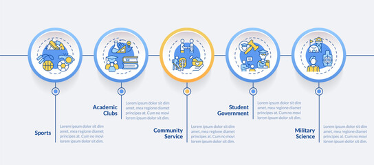 Poster - 2D extracurricular activities vector infographics template with multicolor simple linear icons concept, data visualization with 5 steps, process timeline chart.