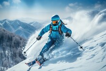 Man Skiing In Mountains. Active Adult With Safety Helmet, Goggles And Poles. Ai Generated