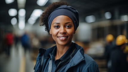 Wall Mural - Portrait of a smiling African American woman wearing a blue jacket and a gray beanie in a warehouse