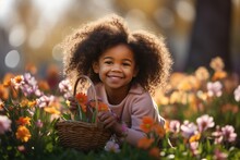 Little African American Girl Sitting In The Flower Garden With Basket Full Of Colored Easter Eggs. Ai Generated