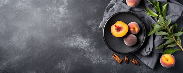 Wall Mural - Fresh apricot or peach in bowl on dark grey background. Creative food concept. Vegan, vegetarian. Peach fuzz color. Flat lay, top view with copy space