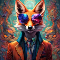 Wall Mural - illustration of a psychedelic cartoon cool looking fox wearing sunglasses 