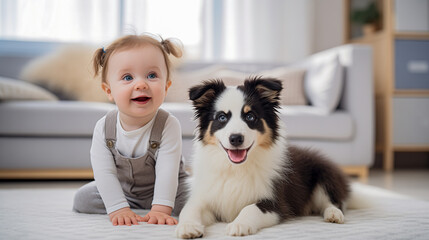 Baby playing with border collie on carpet, sitting looking up and smiling happily. generated with artificial intelligence.