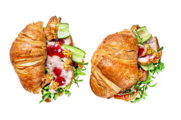 Wall Mural - Croissant sandwich with cheese, arugula and ham. Transparent background. Isolated.