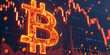 Glowing Bitcoin symbol on a digital screen with fluctuating market graphs, indicating volatility and high-tech finance