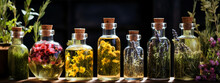 Jars With Essential Oil Of Medicinal Flowers On A Wooden Table