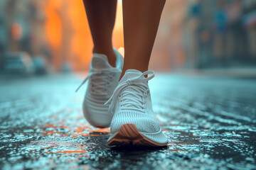  Fitness enthusiast wearing white sneakers running on wet urban streets at dawn, highlighting a commitment to health and active lifestyle