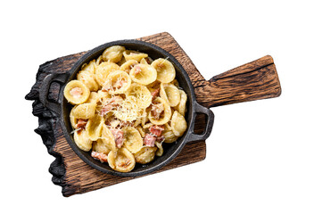 Wall Mural - Orecchiette homemade carbonara pasta with pancetta, egg, hard parmesan cheese and cream sauce. Transparent background. Isolated.