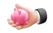 © wowomnom - Vector illustration of gesture hand in sleeve hold piggy bank on white color background. 3d style design of man white skin hand and piggy bank