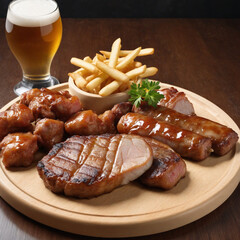 Wall Mural - Sizzling meat appetizers paired with beer on a wooden platter.