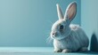 Easter bunny rabbit with blue painted egg on blue background. ai generated