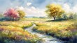 Watercolour style illustration of a landcape with a green meadow, a stream and flowers