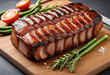 close-up of roasted sliced jerk pork belly