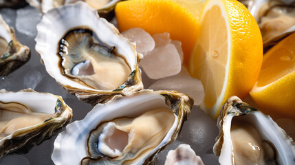 Wall Mural - close up of fresh oysters with lemon