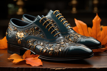 Aufkleber - Modern Luxury Black Leather Man Shoes with Gold Ornament extreme closeup. Generative AI