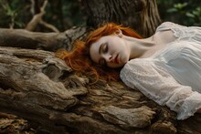 In The Serene Forest, A Red-haired Woman Peacefully Rests On A Massive Fallen Tree Trunk, Clad In A White Dress, Harmonizing With The Rustic Tree Bark