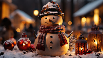 Aufkleber - Christmas Snowman with Lights Decoration extreme closeup. Generative AI