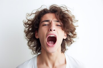 Wall Mural - Portrait of young angry man screaming on white background