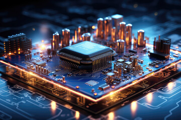 Poster - Abstract CPU or GPU with Circuit Board extreme closeup. Generative AI
