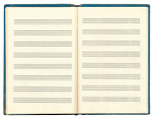 Opened Blank Pages Of Musical Notes In A Music Notebook. Five-line Staff Without A Key. Vintage Music Note Pages. Music Notation Elements For Design.