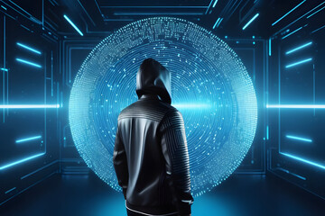 The attacker stands on a blue code background. 