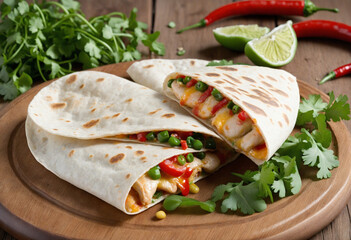 Canvas Print - Spicy chicken and cheese quesadilla with greens