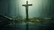 A jesus cross in sunken old forest