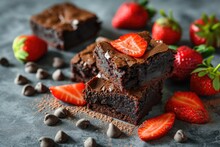 Stack Of Homemade Fudgy Chocolate Brownies With Strawberries On Concrete