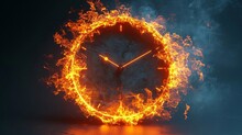 Wall Office Modern Clock On Fire On A Corner On A Side, White Background, Photorealistic