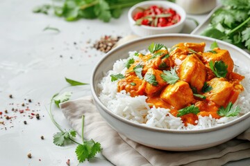 Wall Mural - Delicious chicken curry bowl with rice on a bright surface