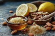 Natural ingredients for a body mask honey lemon juice brown sugar and almond oil
