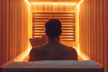 A Person Sits And Relaxes In An Infrared Sauna.