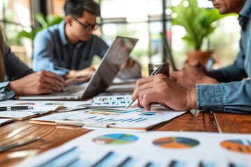 A businessman using a pen, tablet, and notebook is planning a marketing plan with graph documents to improve the quality of future sales.