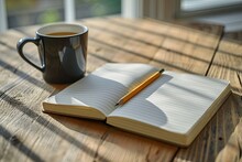 Blank A White Notebook With A Pencil And Coffee In A Cup Next To It On A Wooden Table Or Background With Space For Text Or Inscription, Top View.