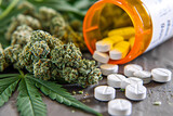 Fototapeta  - Cannabis and medical pills, medical marijuana concept, Cannabis legalization 