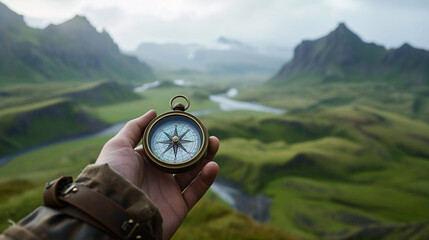 goal orientation, a hand holding a compass in front of a vast landscape