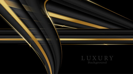 Wall Mural - Black luxury background with golden line elements and wave shape decoration illustration.