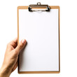 © graphicbeezstock - a man hand-holding a clipboard with blank white paper, or notepad, isolated on a transparent background