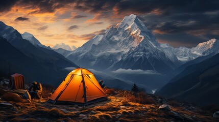 Canvas Print - Glowing orange tent camping in the mountains in front of majestic mountain range