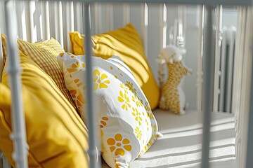 Poster - Yellow pillows on white background in baby crib