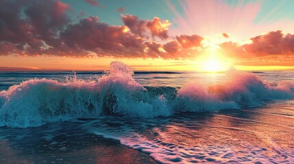 Sticker - Beautiful ocean and sunset with a wave breaking on shore