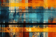Abstract Background With Blurred Colored Stripes In Orange, Yellow, Blue, And Black, Featuring Grunge Design And Decorative Ornament Collage Art. Generative AI