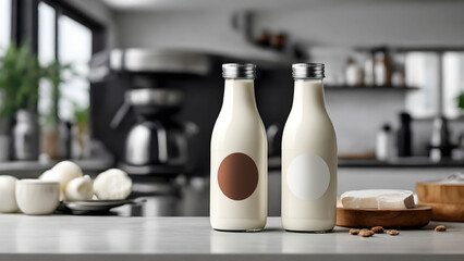 Mockup of a two  white milk bottle on high-tech kithen background, Empty reusable bottle template, Generative AI