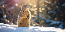 Groundhog Stands On His Hind Legs, Against The Backdrop Of A Snowy Forest, Sunlight, Groundhog Day