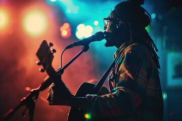 Reggae singer with guitar in dark club